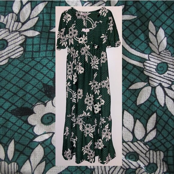 Celia Birtwell Green Floral Empire Waisted Maxi Dress Stretch Pockets - Picture 5 of 5